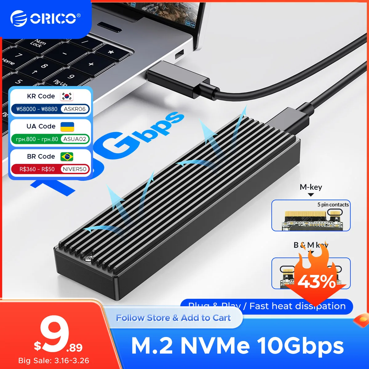 ORICO M2 SSD Case NVMe USB Type C Gen2 10Gbps PCIe SSD Case M2 SATA NGFF 5Gbps M.2 NVME Enclosure Disk Box M.2 SSD Case