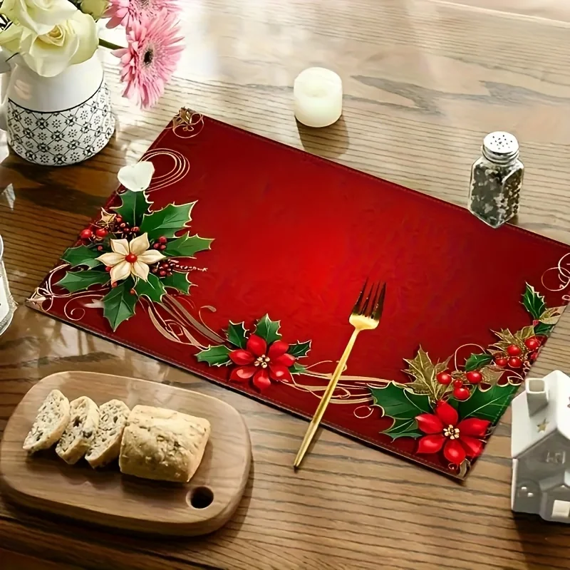 Christmas Daisy Poinsettia And Berry Print Winter Placemats Seasonal Everyday Holiday Decorations Suitable for Home Kitchen Di