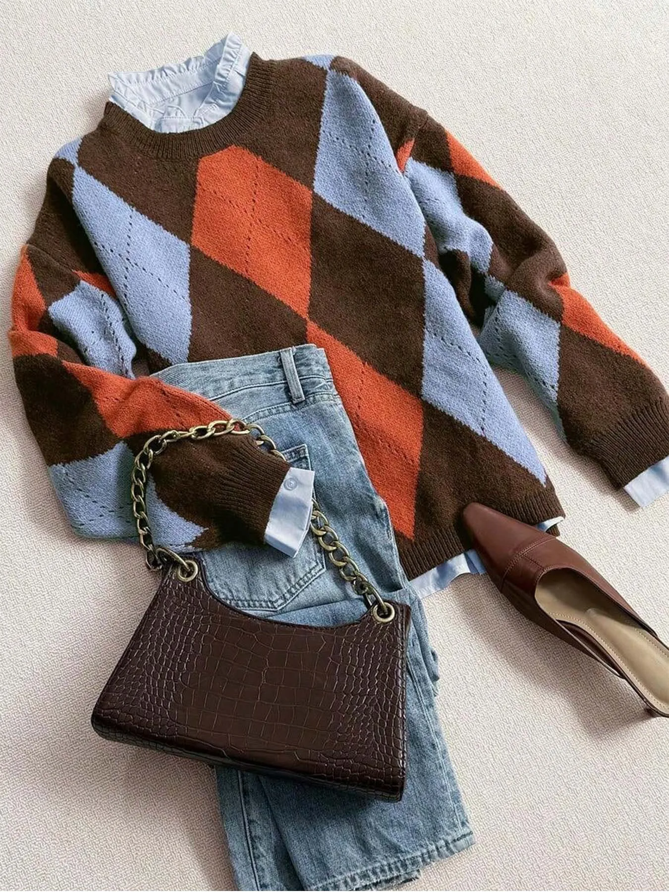 Women's Vintage Color‑Block Argyle Knit Sweater, Crew Neck Long Sleeve Pullover Top, Casual Outfit for Fall & Winter Travel