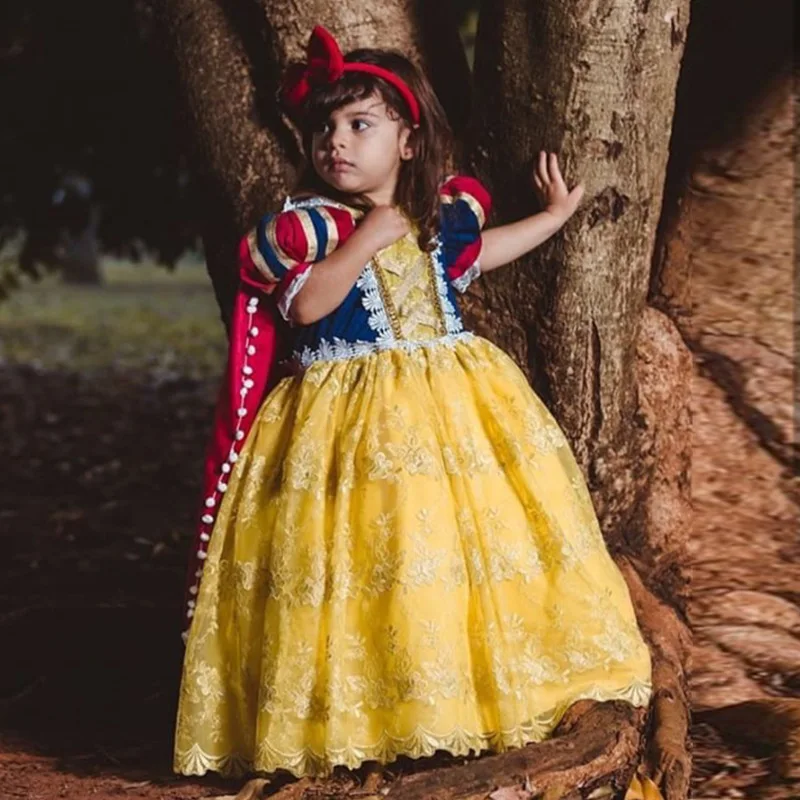 Costume de princesse Disney Blanche-Neige pour enfants, robe de déguisement d'Halloween, manches bouffantes, fête d'anniversaire de paupières pour filles