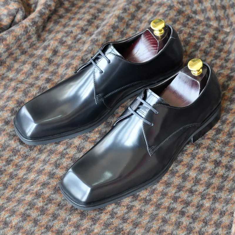

Luxury Wedding Black Cowhide Men's Business Square Toe Leather Shoes Male Retro Thick Soled Derby Trendy Commuting Dress Shoes