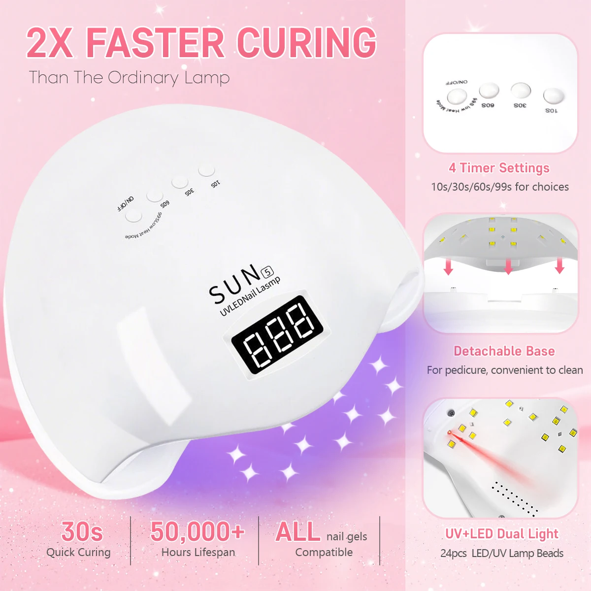 SUN5 UV LED 네일 램프 48W 네일 드라이어, 젤 네일 폴리쉬 경화용, 4단계 타이머 자동 센서 LCD 디스플레이 탑재 전문가용 네일 램프