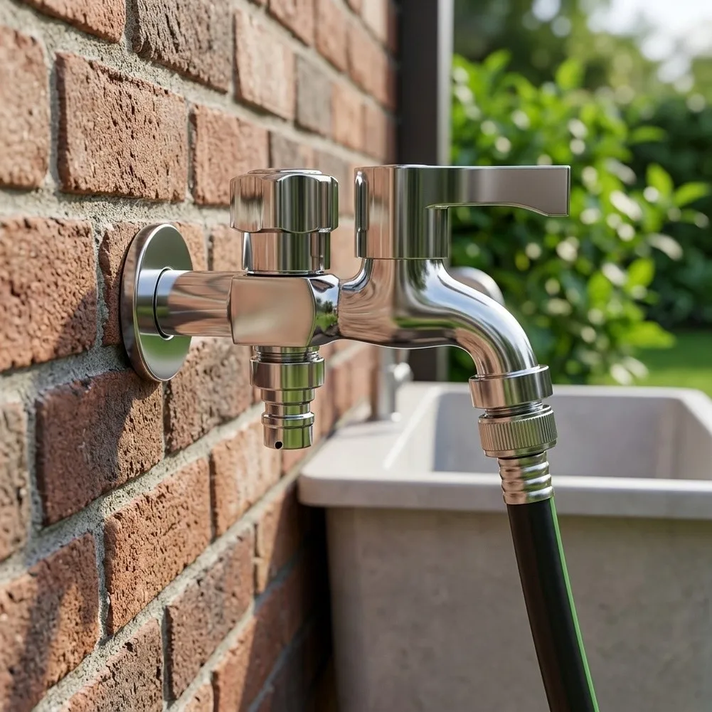 Outdoor Dual Port Faucet for For washing Machine Installation Zinc Alloy Body Copper Core Adjustable Connection Positions