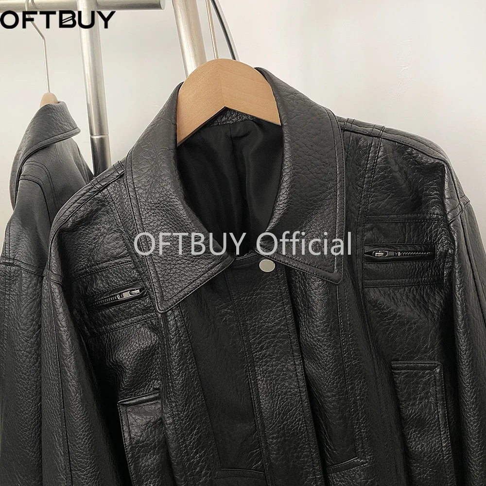 OFTBUY Damen Schwarze Kunstleder-Cropped-Aviatorjacke, Strukturierter PU-Mantel mit Elastischem Saum, Neue Vintage-Freizeitjacke – Detail 30