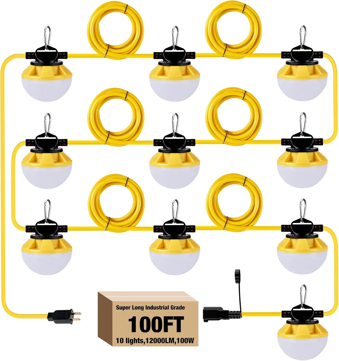 

100FT Waterproof LED Construction String Lights, ETL Certified, 5000K Daylight, Linkable with Hooks