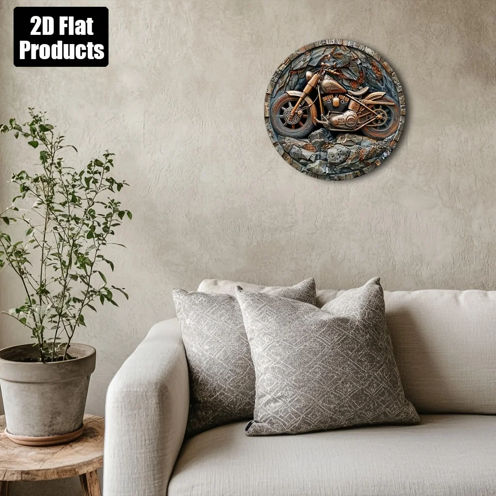 2D Flat, 1pc 2D Print Metal Tin Sign Vintage Motorcycle 3D  Round Wall Art Sign – Rustic Brown & Black Design with Detailed Engi