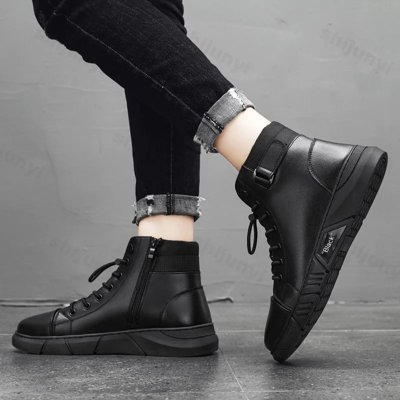 Vintage Men's Short Boots Autumn New Trendy Comfortable Height Increase Cotton Shoes Non Slip Lace Up Side Zipper Leather Boots