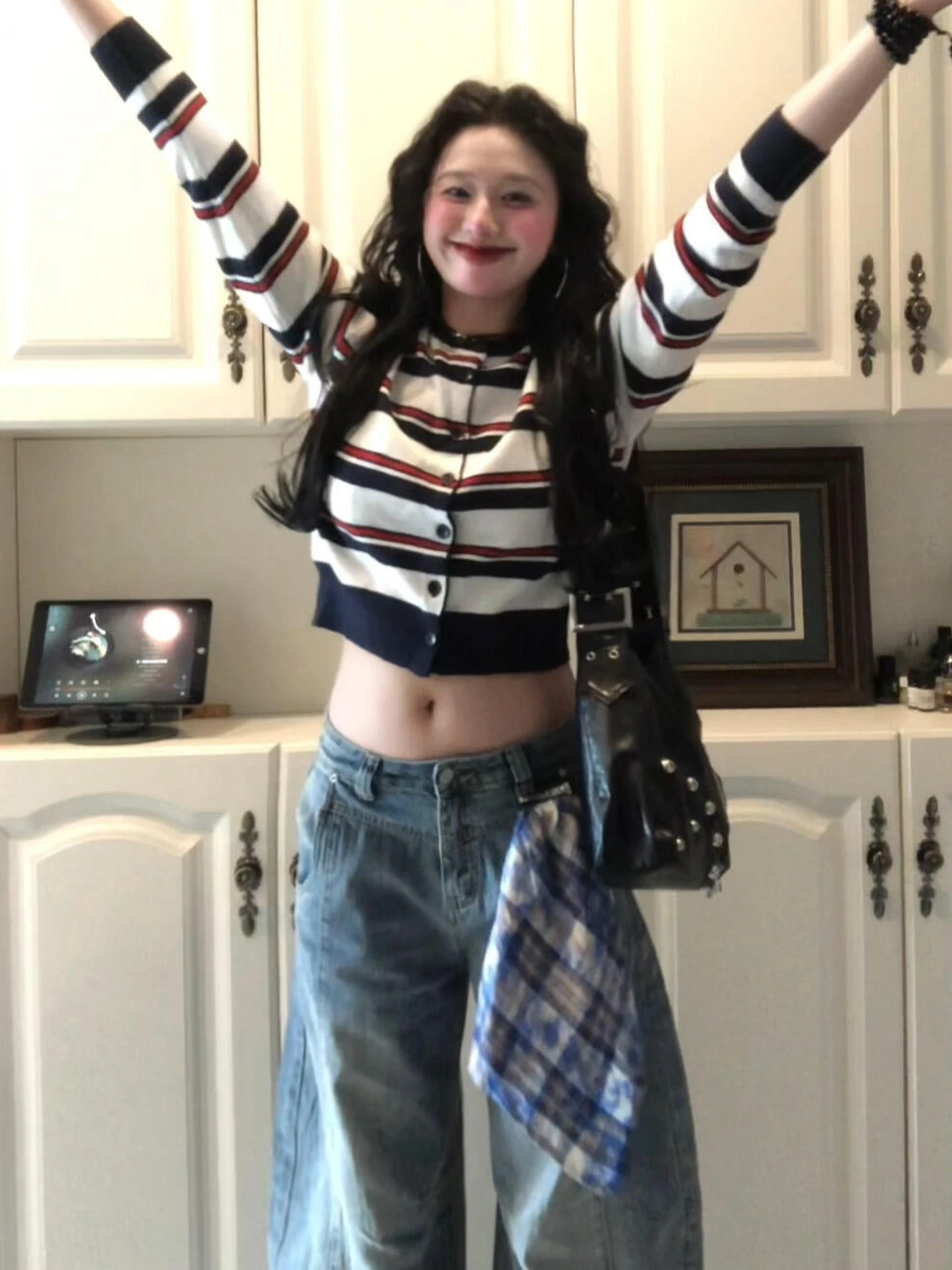 

Korean Sle Color Blo Striped Knitted Jaet Women's Early Autumn New Casual Beautiful Outerwear Open Cardigan Top