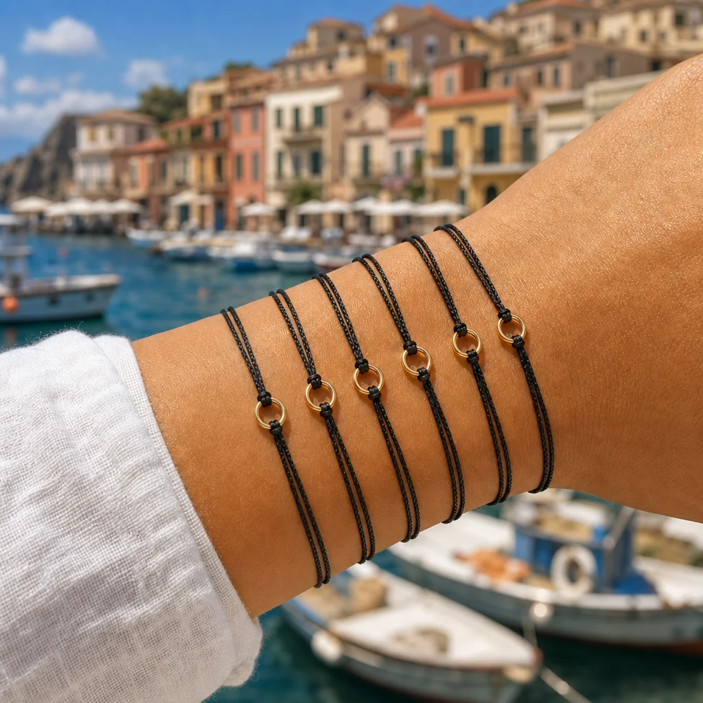 6pcs Minimalist Black Cotton Cord Bracelet Set with Round Copper Ring Adjustable Tie Closure for Women and Men Beach Style