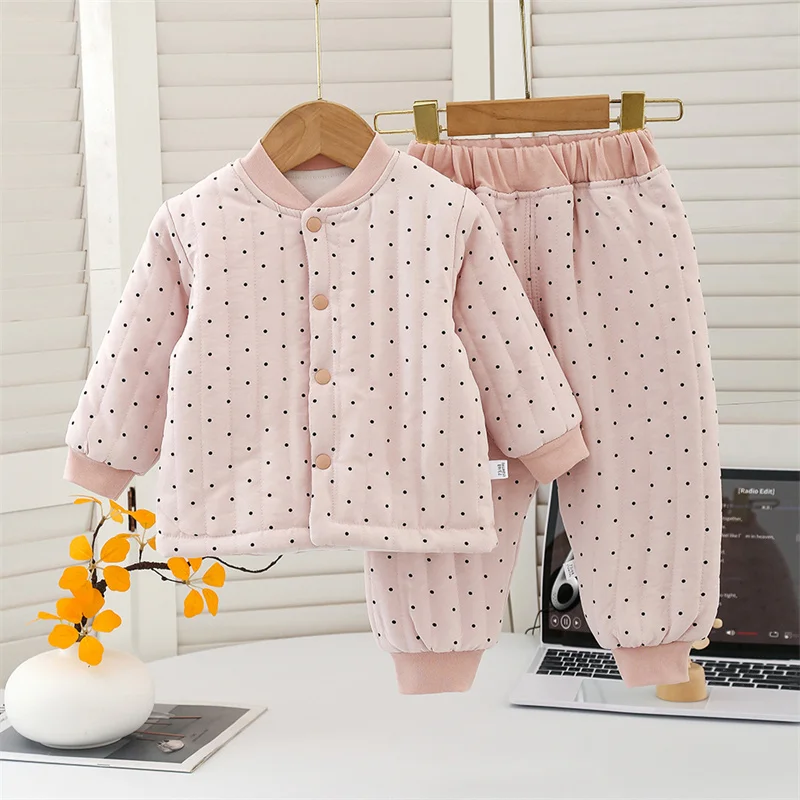 Children Comfortable Warm Suits Kids Winter Cute Print Casual Coats+Pants 2Pc Outfits Baby Daily Plush Thick Thermal Clothes Set