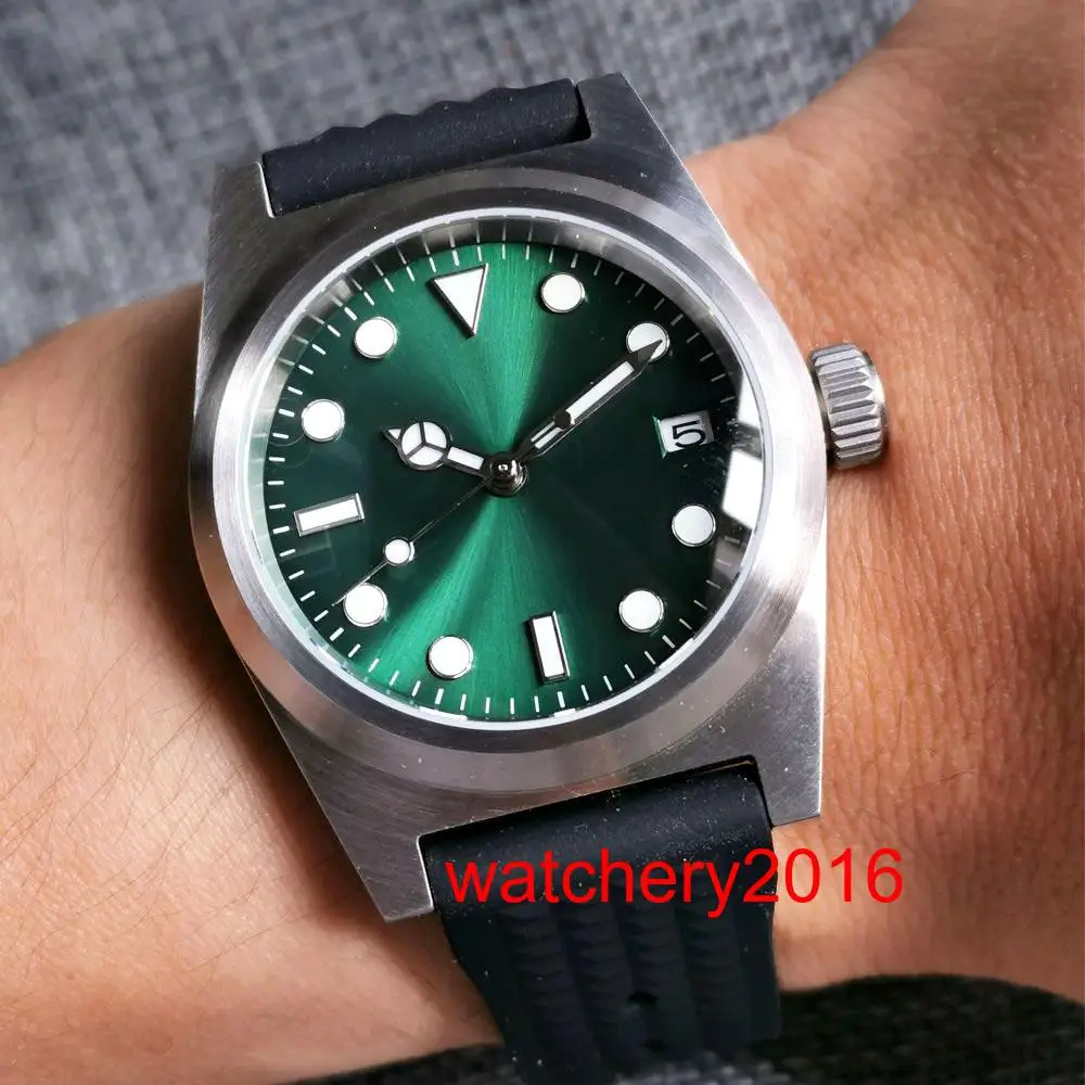 Luxury 38mm Tandorio 20ATM Waterproof Green Sunbusrt Dial NH35 PT5000 Automatic Mens Watch Brushed Luminous Waffle Rubber Strap