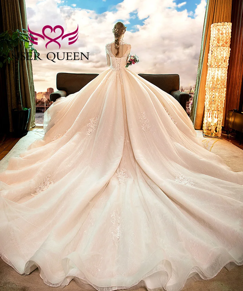 ที่กําหนดเองสามไตรมาสแขนชุดแต่งงานภาพลวงตาเย็บปักถักร้อยที่ละเอียดอ่อน V คอบอลชุดเจ้าสาวชุดผู้หญิง WX0146