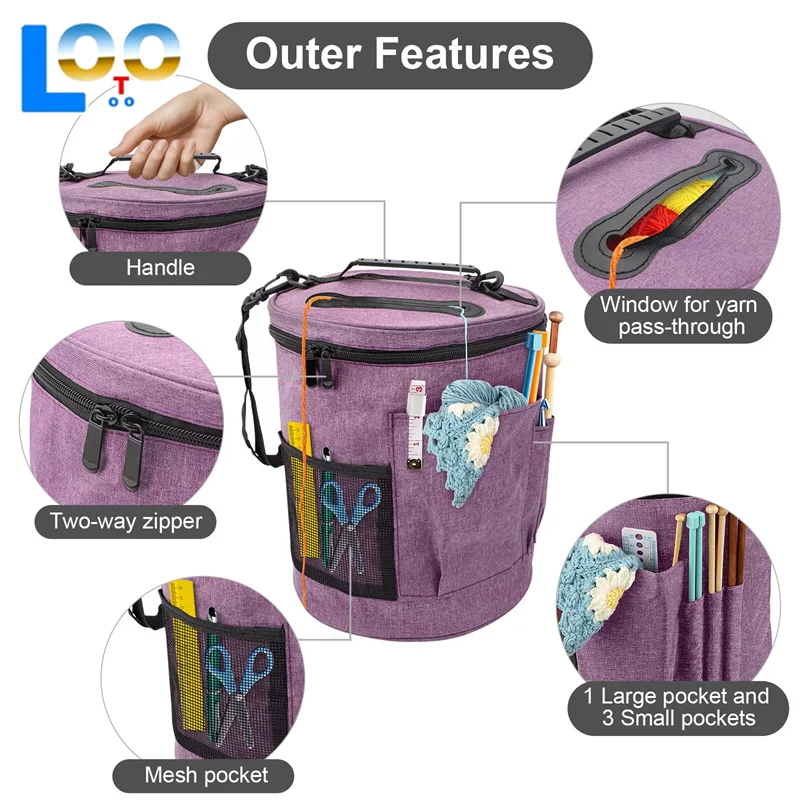 الحياكة أداة حقيبة التخزين الغزل الكروشيه المنظم حمل حقيبة سعة كبيرة المحمولة مع الجبهة الغزل الإبر السنانير الجيب