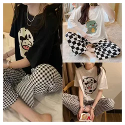 Summer Gilrs Two Pieces Sets Pajamas Short Sleeve Trousers O-neck Homewear Thin Elastic Loose Soft Plaid Cartoon Printing Cute