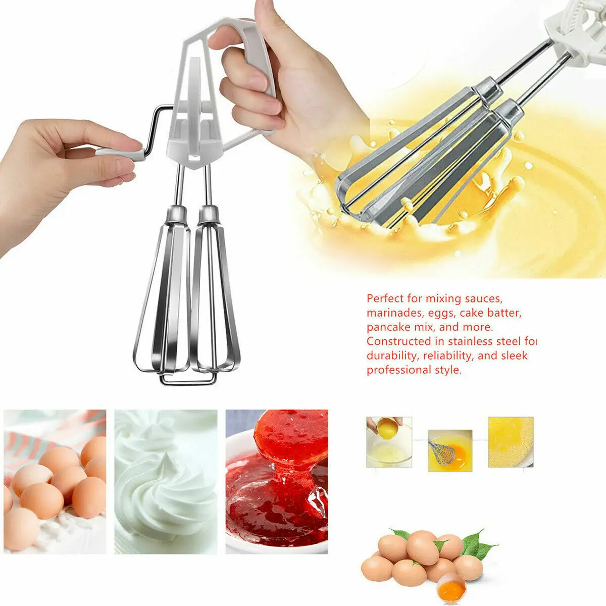 

Rotating Manual Egg Beater Stainless Steel Mixer Kitchen Whisk for Baking Cooking Utensils Home Use Easy to Clean Handheld