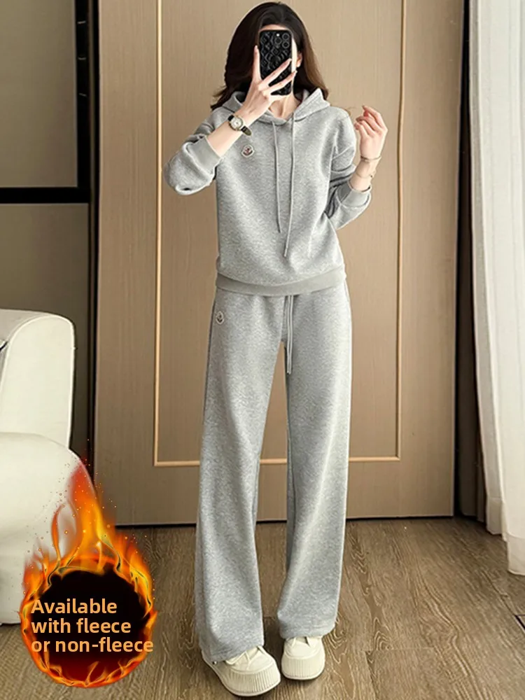 

Fashionable Sporty Two-Piece Set for Women Thickened Fleece Wide Leg Pants Hoodie Grey Anti-Aging Casual Spring Collection