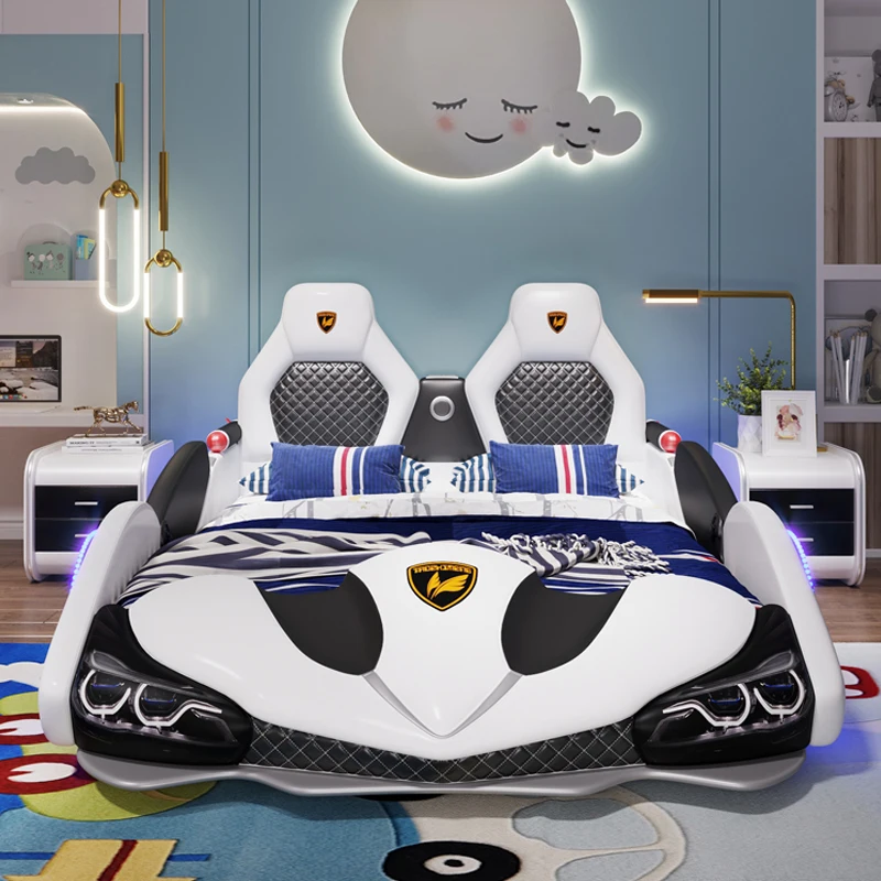 Cama doble de cuero con dibujos animados para niños y niñas, cama individual con barandilla, coche de carreras creativo, venta al por mayor de fábrica