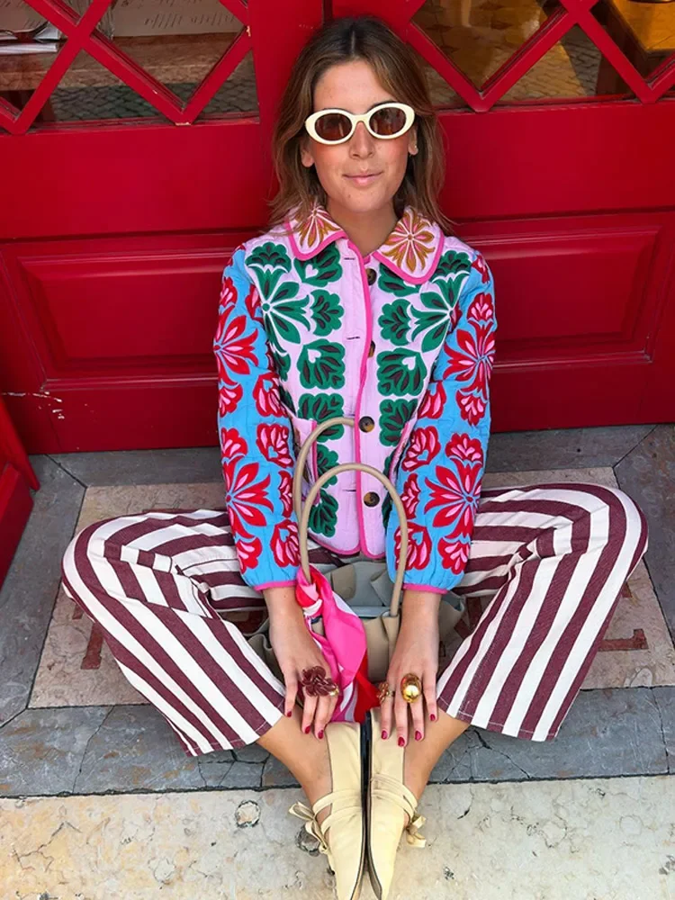 معطف نسائي غير رسمي مطبوع عليه زهور معطف نسائي بصدر واحد وأكمام طويلة معاطف مبطنة للسيدات لشتاء 2025 جديد في ملابس خارجية