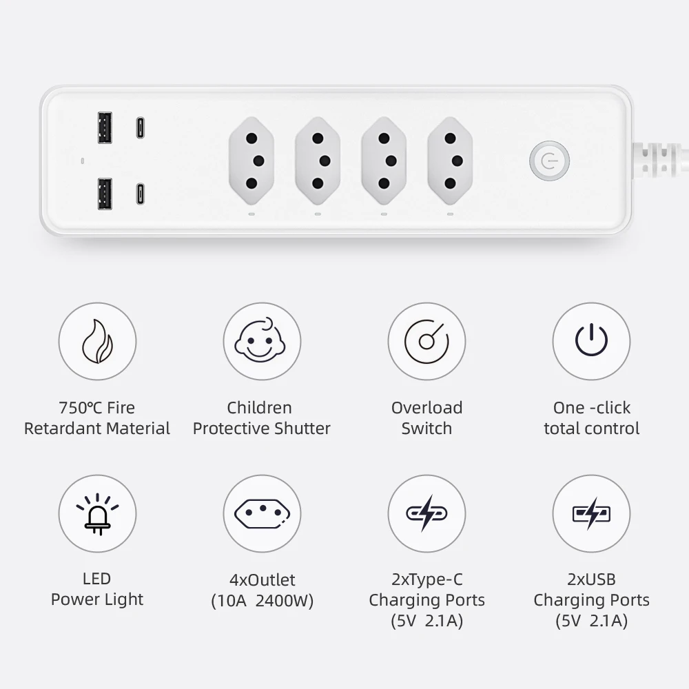 MIUCDA-Tuya WiFi Smart Socket, Brésil Standard Multi Plug, Multiprise avec 4 Prises, 2 USB, 2 Type C, nous-mêmes avec Alexa, Google Home