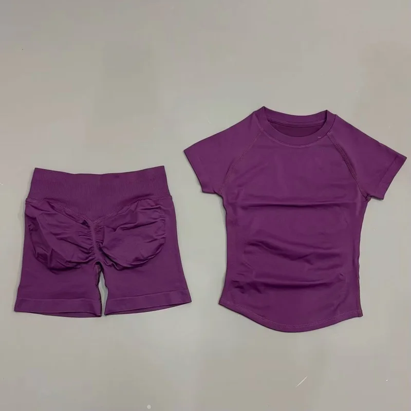 2-delige sportgymset voor dames, naadloos gebreide yogatop met korte mouwen, fitnessset, workout, hardlopen, sport, korte leggings, pak