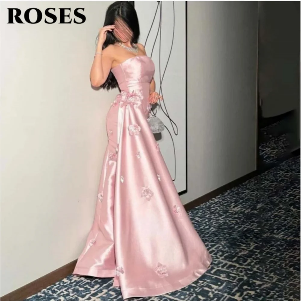 

ROSES Pink Elegant Prom Dress Strapless 3D-Flowers Prom Gown Satin Backless Formal Dresses for Woman robes de soirée Customized