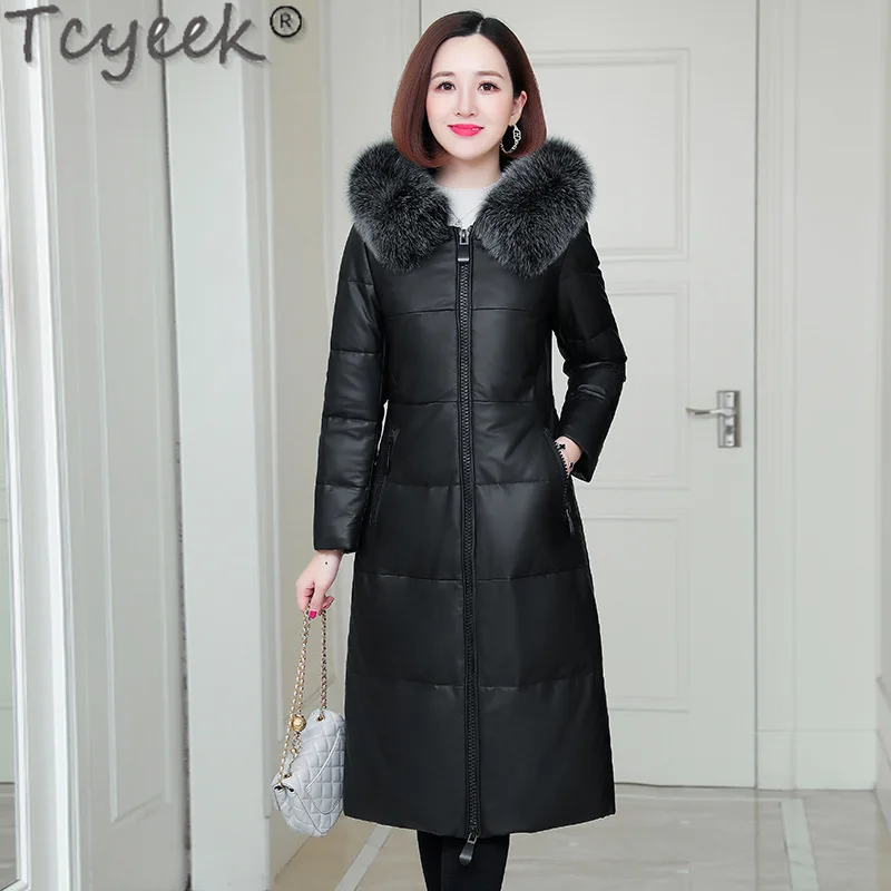 Tcyeek Daunenjacke aus echtem Leder, Winterjacken für Damen, warmer Fuchspelzkragen, mittellanger Schaffellmantel, Damenbekleidung mit Kapuze