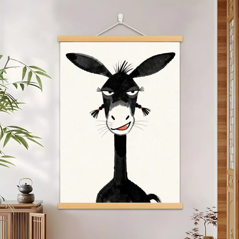 VIKAMA Chinese Ink Donkey Wall Art Scroll Painting Canvas Wood Frame Creative Decor Living Room Study Home Office