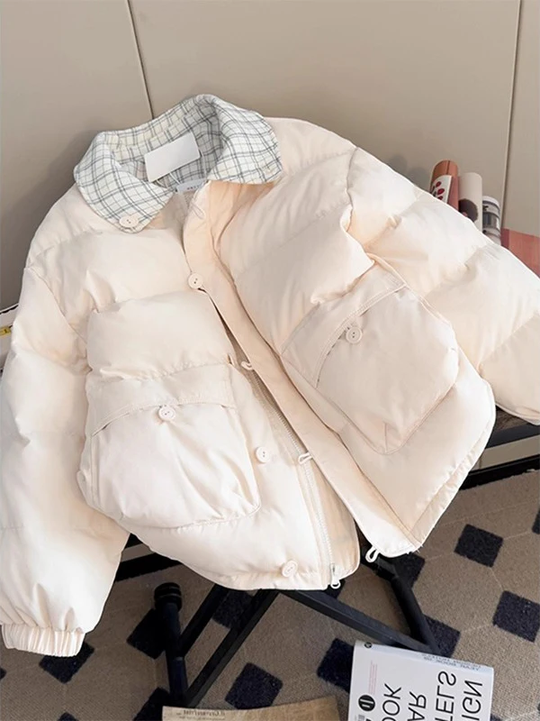 

Sweet Preppy Plaid Collar down Cotton Jacket Women's Winter High-End Loose Warm Cotton Coat Tagkita Brand College Style