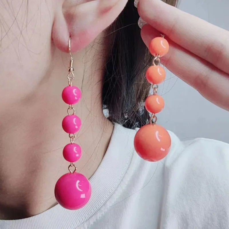

Simple Candy Colored Round Bead Acrylic Earrings Fashionable Earrings Long Accessories for Women