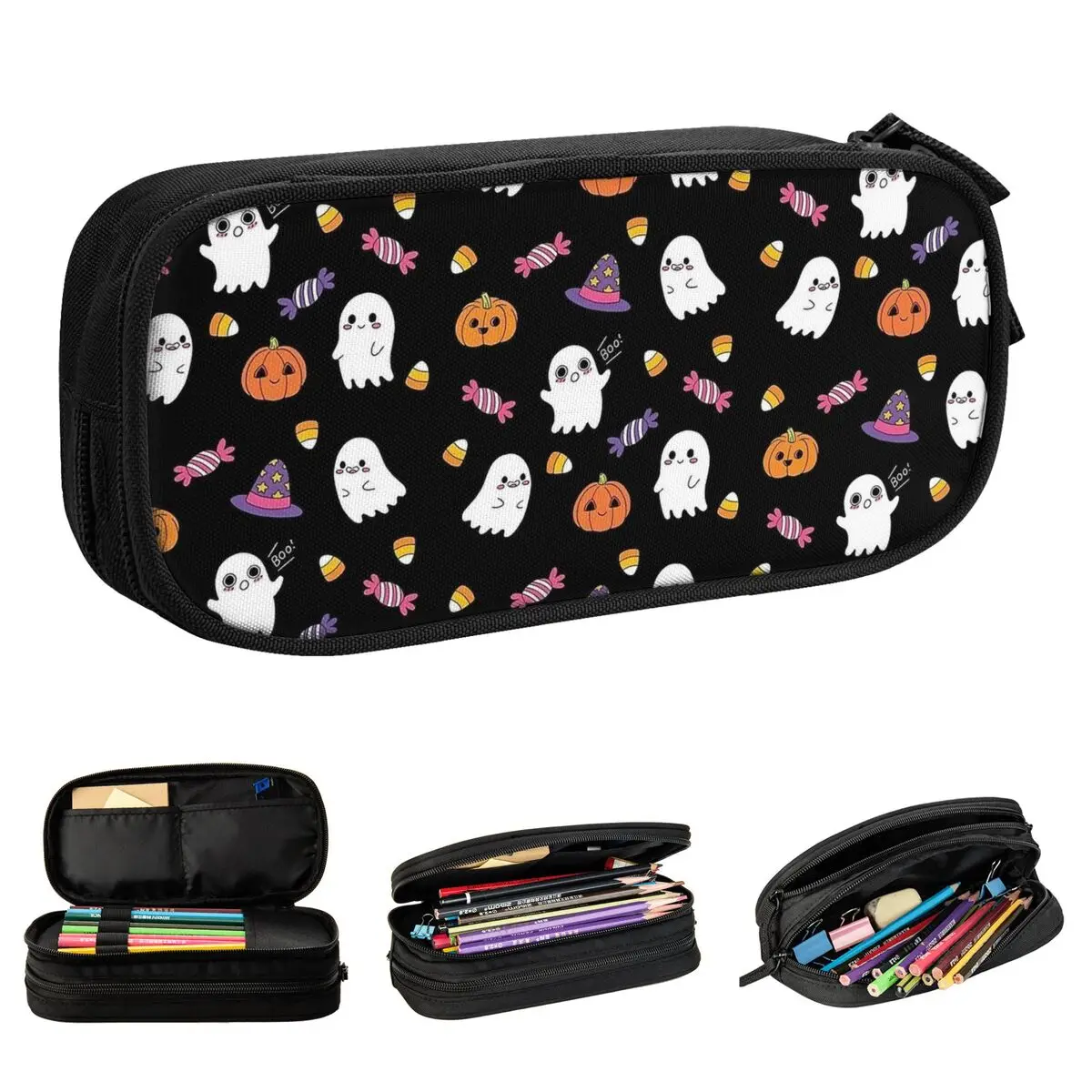 Estuche de lápices con diseño de fantasma de Spoopy para niños y niñas, bolsa de gran capacidad con cremallera para bolígrafos de calabaza, a la moda, suministros escolares