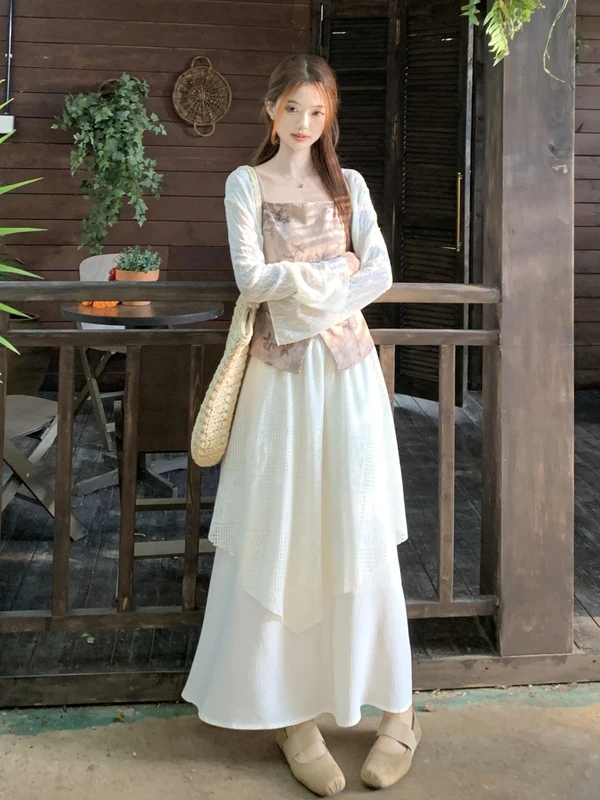 

New Chinese Style Three-Piece Set plus Size Loose Fashion Open Cardigan Print Strap Halter Skirt for plus Size Women Summer
