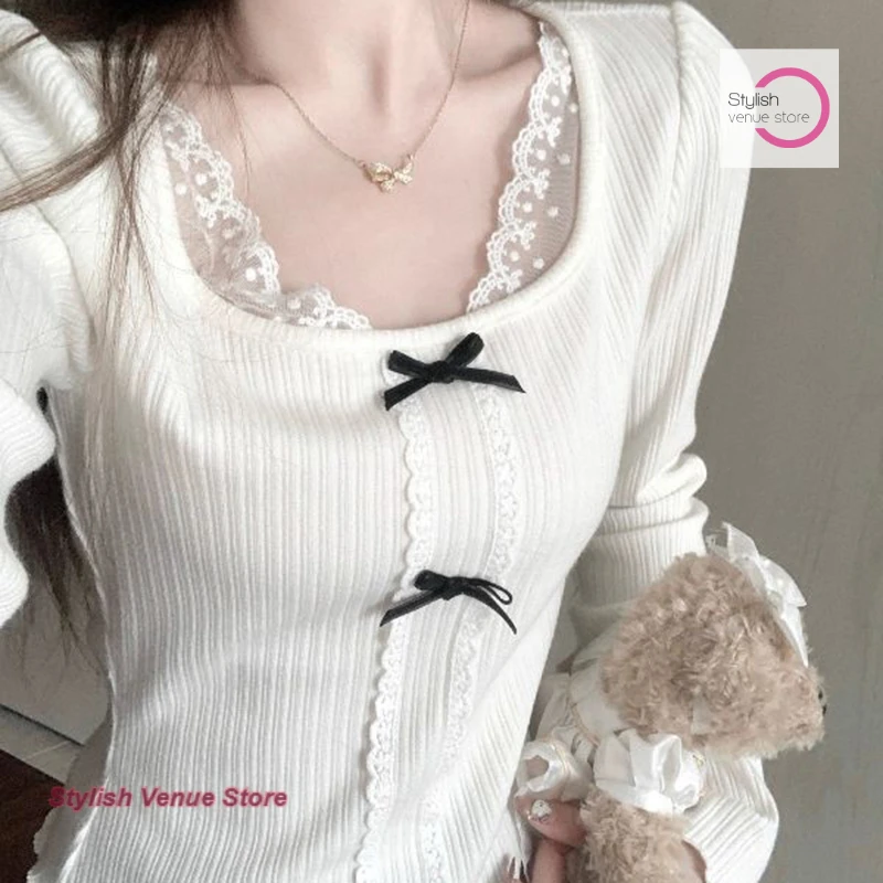 

French fashion lace stitching long-sleeved T-shirt women's spring and autumn new bow slim sweet temperament bottoming coat