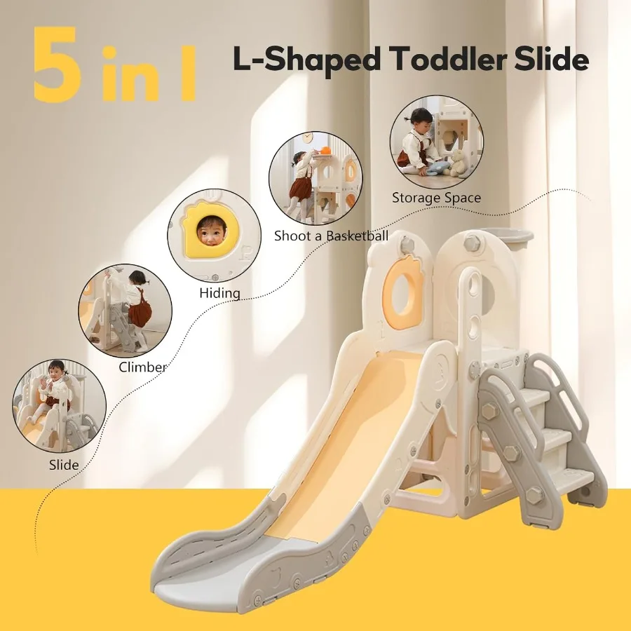 Freestanding Toddler Slide 5 in 1 Indoor Playset for Toddlers 13 L Shaped Slide with Basketball Hoop Baby Climber for Indoor Ou