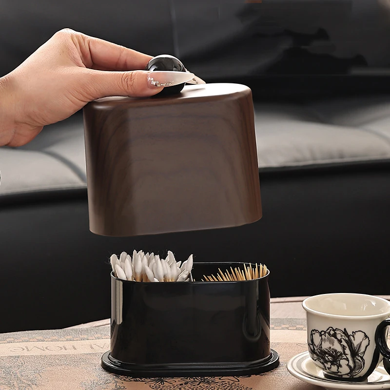 HeMu Dual Compartment Flip Cover Cotton Swab Holder, Wood Grain Dustproof Toothpick Qtip Organizer for Vanity Countertop