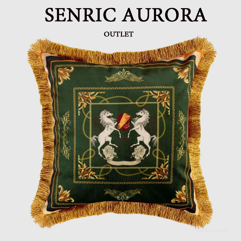 Luxury American Style Cushion Cover Double Sided Dark Green Print Velvet Tassel Pillowcase For Sofa Living Room