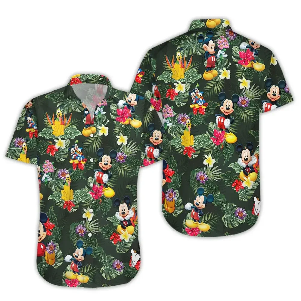 Camisas havaianas masculinas e femininas de mickey mouse, floral tropical, de botões, manga curta, disney, minnie, praia, verão