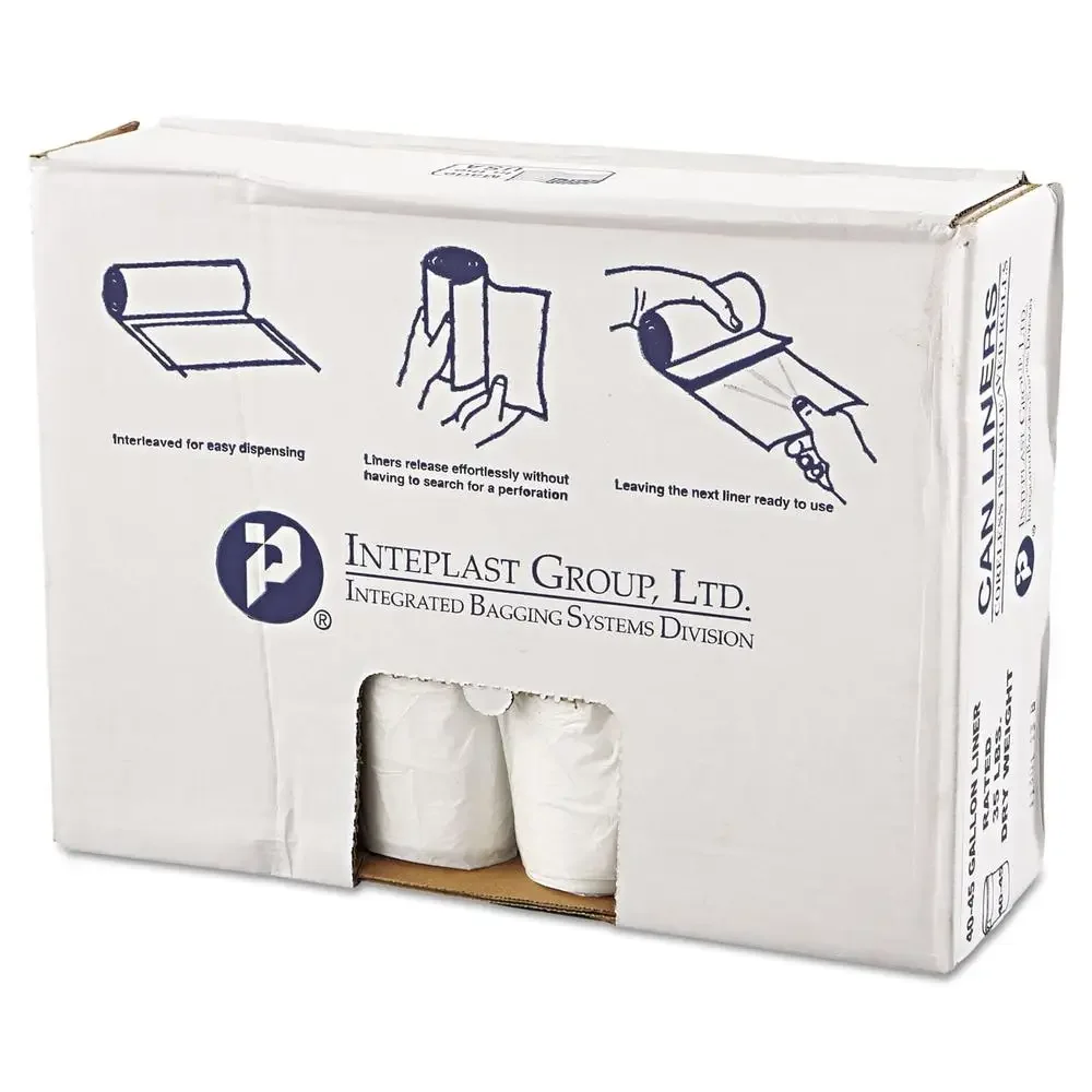 

High-Density Can Liner 40x46 45gal 12mic Clear Roll Dispenser Strong Seal ISO Registered 250ct Carton Snap It Compartmentalized