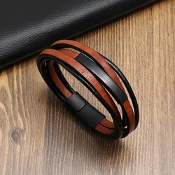 New Men's Leather Braided Bracelet Alloy Magnet Buckle Multilayer Leather Bracelet Retro Simple Bracelet Wholesale