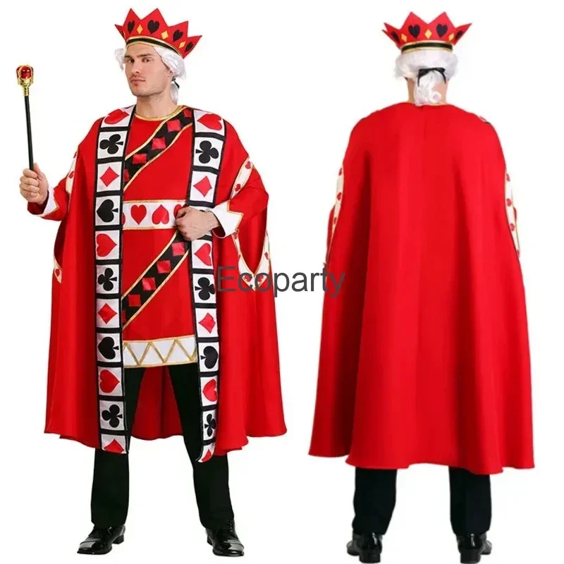 Halloween Red King Of Hearts Costume For Adult Kids Alice Poker King Cosplay Robe Crown Suit Mens Purim Carnival Party Outfit