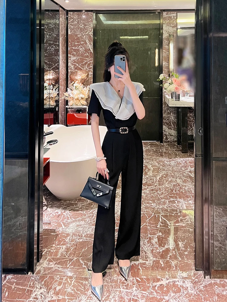 

Faionable Contrast Color Lace Trim V-Ne Lightweight Maturi Sle One-Piece Pants Slim Wide Leg Long Pants Women Summer