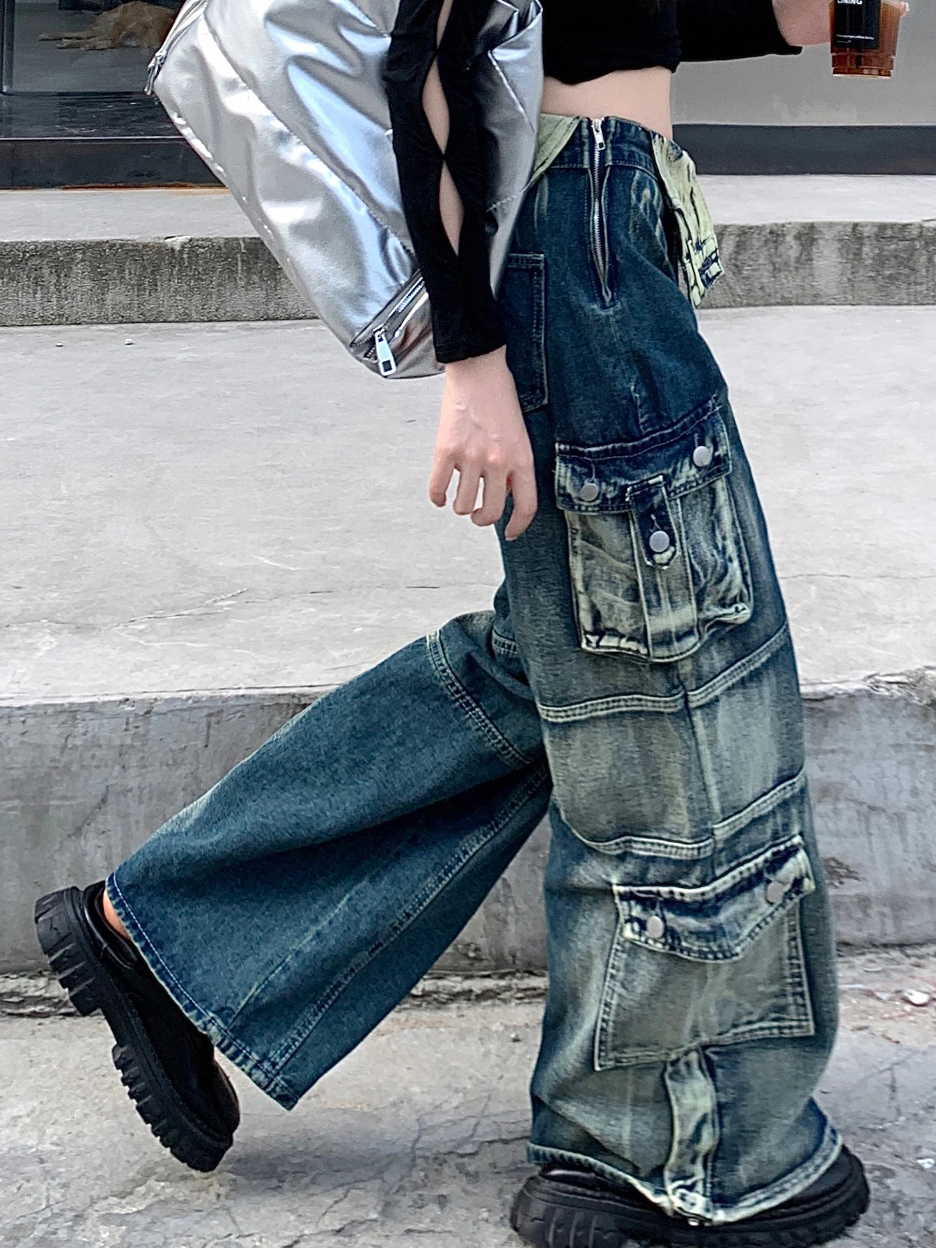 Women's American Retro 90S Spicy Girl Y2K Wash Multi Pocket Work Dress Jeans Blue Street Straight Tube Loose Wide Leg Pants