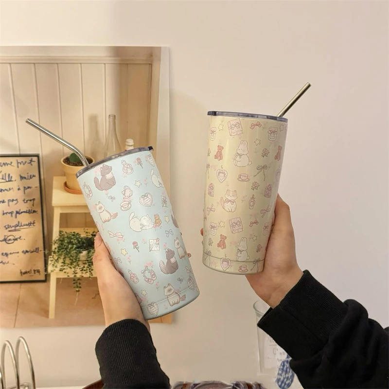 550ml Kawaii Sainless Steel Thermal Cup Cute Tumbler Large Capacity Water Bottle For Coffee Tea Juice Thermos With Straw Gift