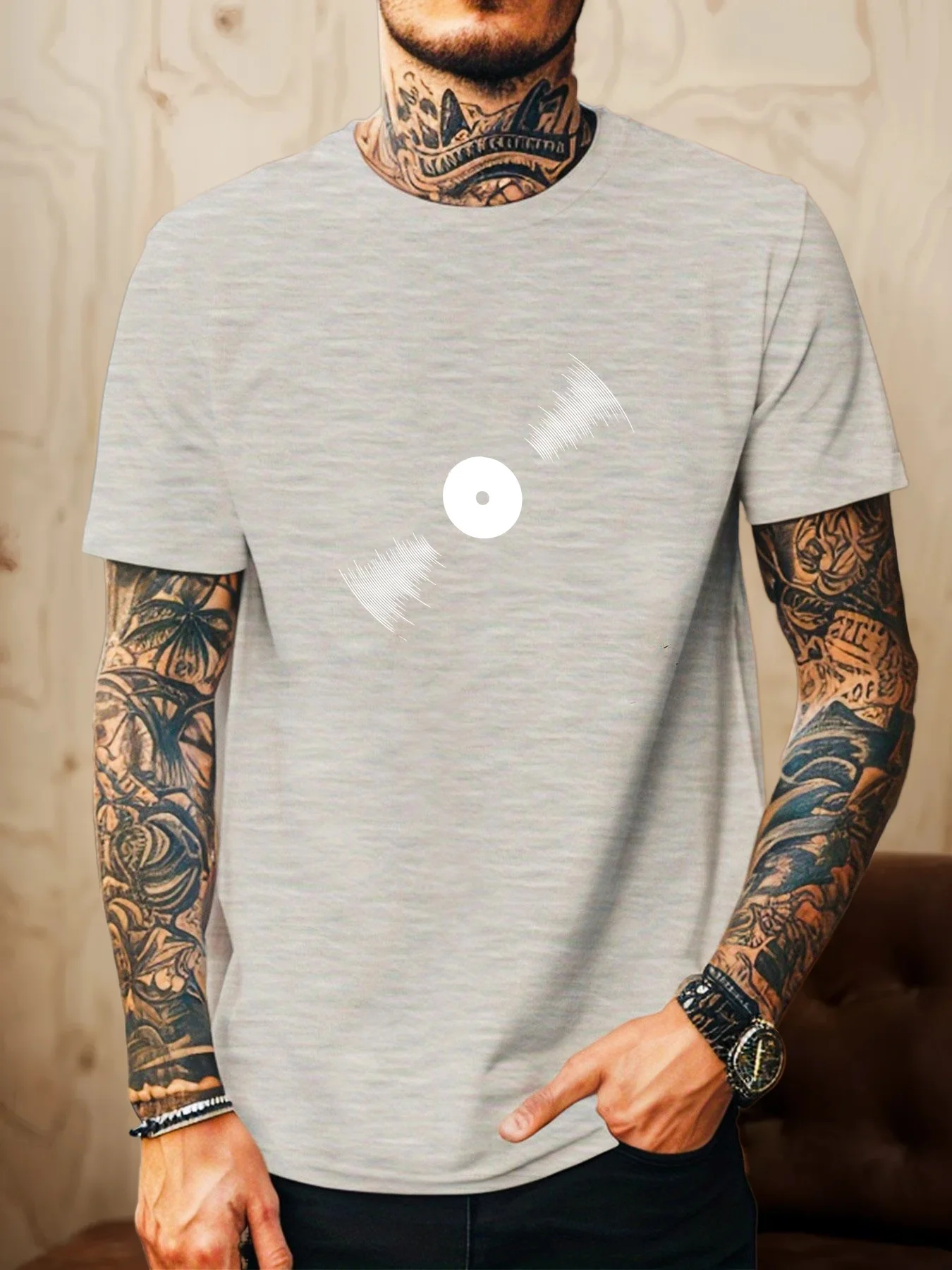 Men's Summer  Pure Cotton Fashionable Retro Vinyl Record Pattern Casual Loose Round Neck Short Sleeved T-shirt Versatile Top