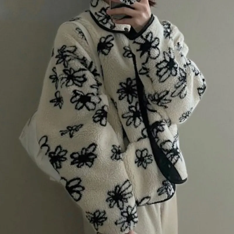 

Chic Autumn Winter ort Lamb Fur Double-Sided Wear Women's Cotton Jaet Retro Vintage Design Korean Sle Commute Faion