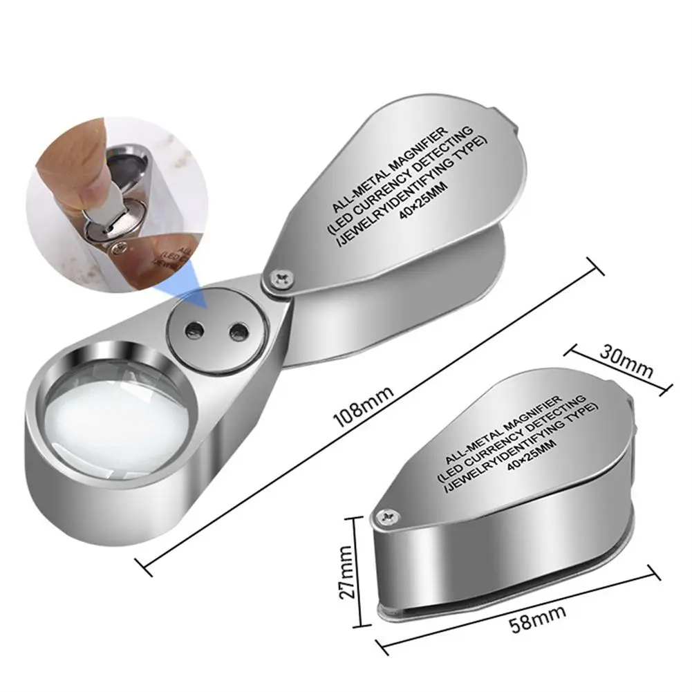 40x 25mm LED Luminous Foldable Magnifier Portable Handheld Metal Jewelry Magnifying Glass With Led Uv Lamp Currency Detecting