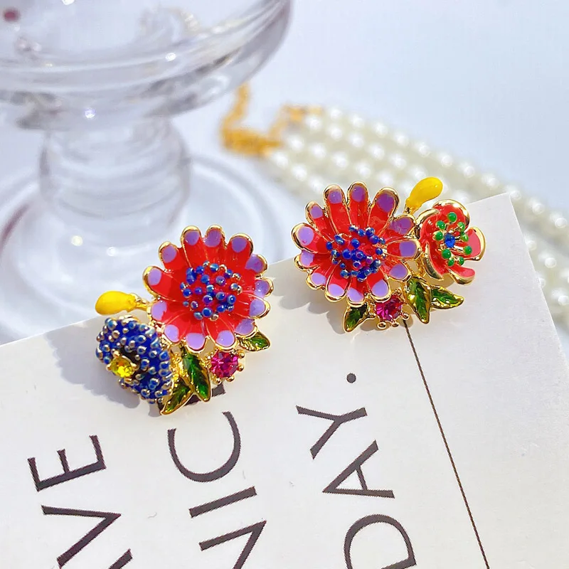 

Luxury Retro Enamel Titanium Steel Earrings Micro-Inlaid Zircon European American Fashion Personality New