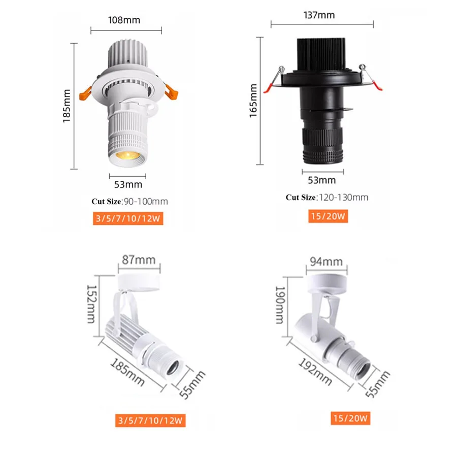 Imagem -06 - Zoomable Recesso Led Teto Downlight Spotlight Ângulo de Feixe Ajustável Foco Cob Lâmpada de Lavagem de Parede