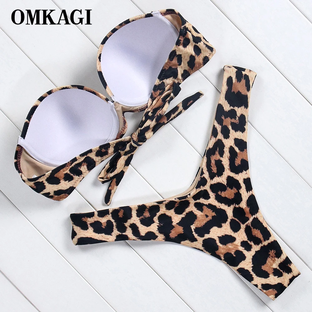 Bikini Set Bandeau High Cut Solid Bandeau Swimsuit Women Swimwear Sexy Push Up Bathing Suit Beachwear Leopard Bikini 2023