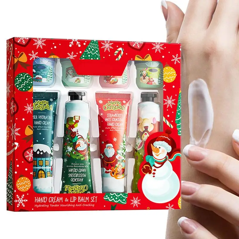 Christmas Hand Cream Lip Balm Set 4pcs Moisturizing Repair Anti Dry Hand Lotion 4pcs Lip Repair Cream Lip Balm Hand Cream