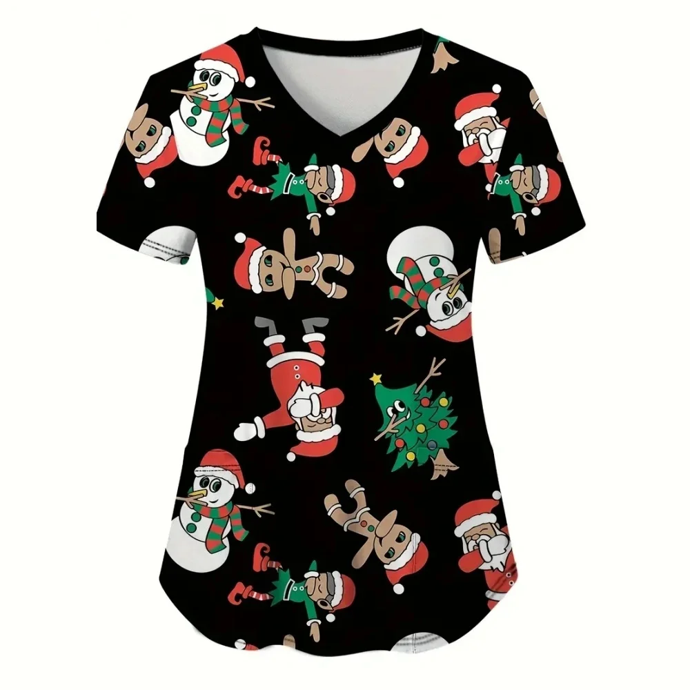 Christmas Scrub Tops Women Pockets Nursing Short Sleeve V Neck Print Christmas   Scrubs Tops for Women Plus Size S-5XL Summer